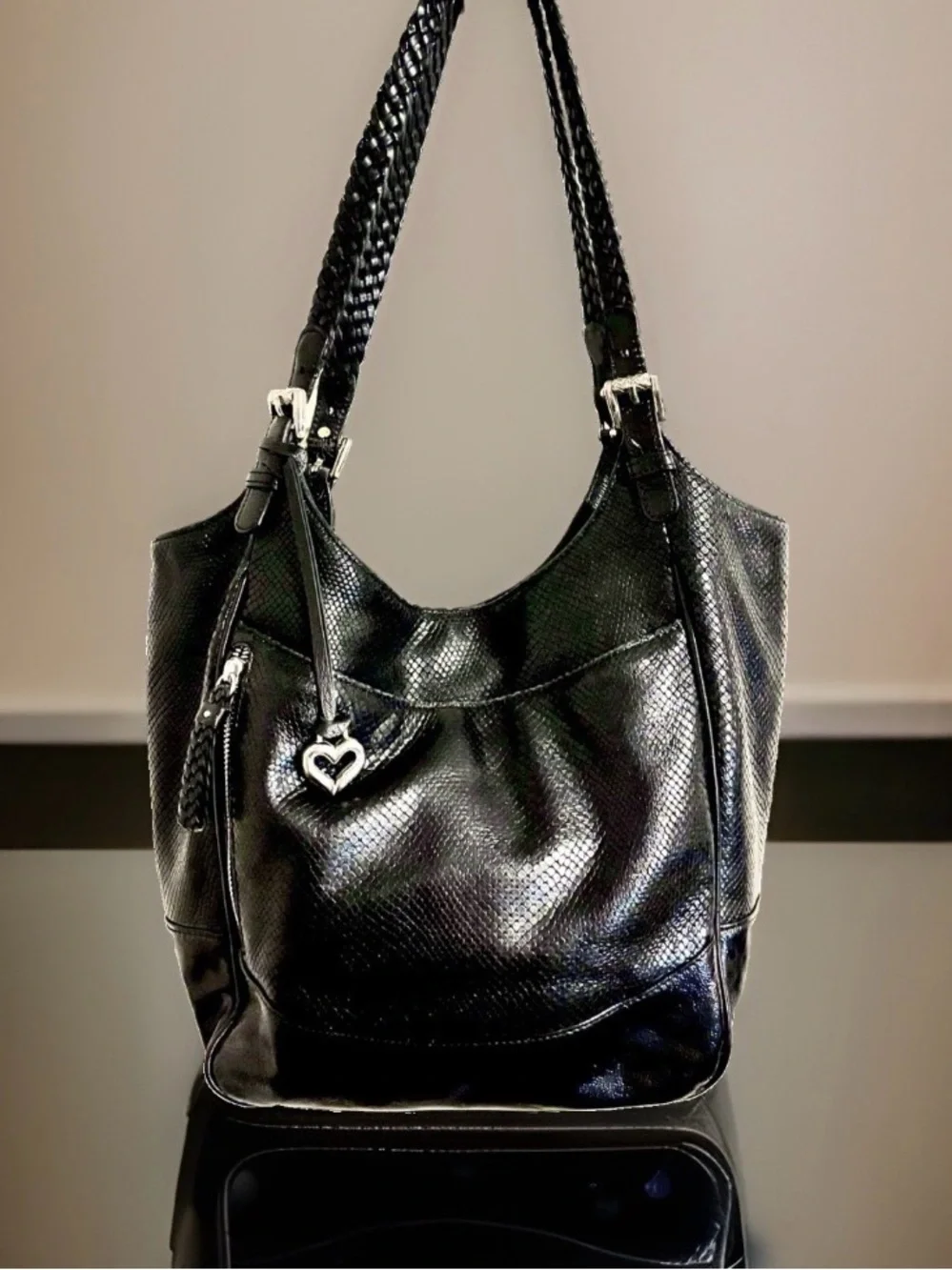 VTG Brighton Large Hobo Black Leather Snake-embossed Finished Shoulder Handbag
